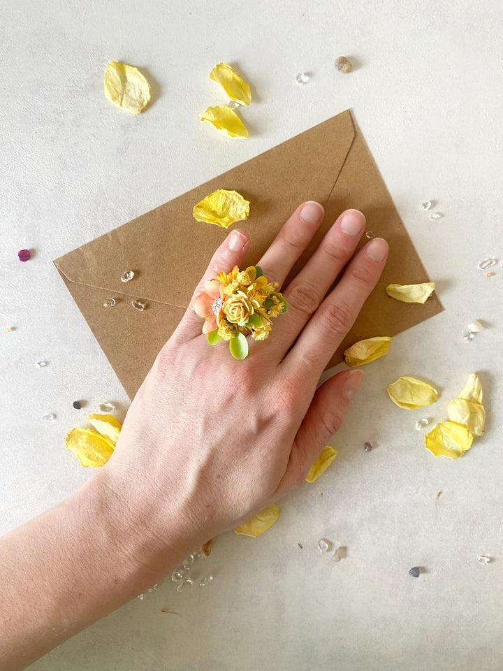 Yellow Floral Ring – Handmade Adjustable Flower Ring – handmade floral hair accessory by magaela