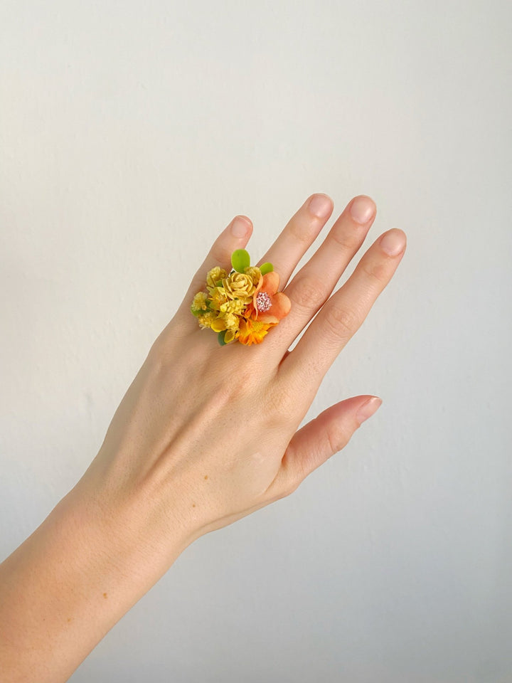Yellow Floral Ring – Handmade Adjustable Flower Ring – handmade floral hair accessory by magaela