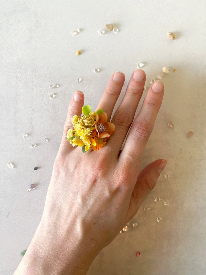 Yellow Floral Ring – Handmade Adjustable Flower Ring – handmade floral hair accessory by magaela