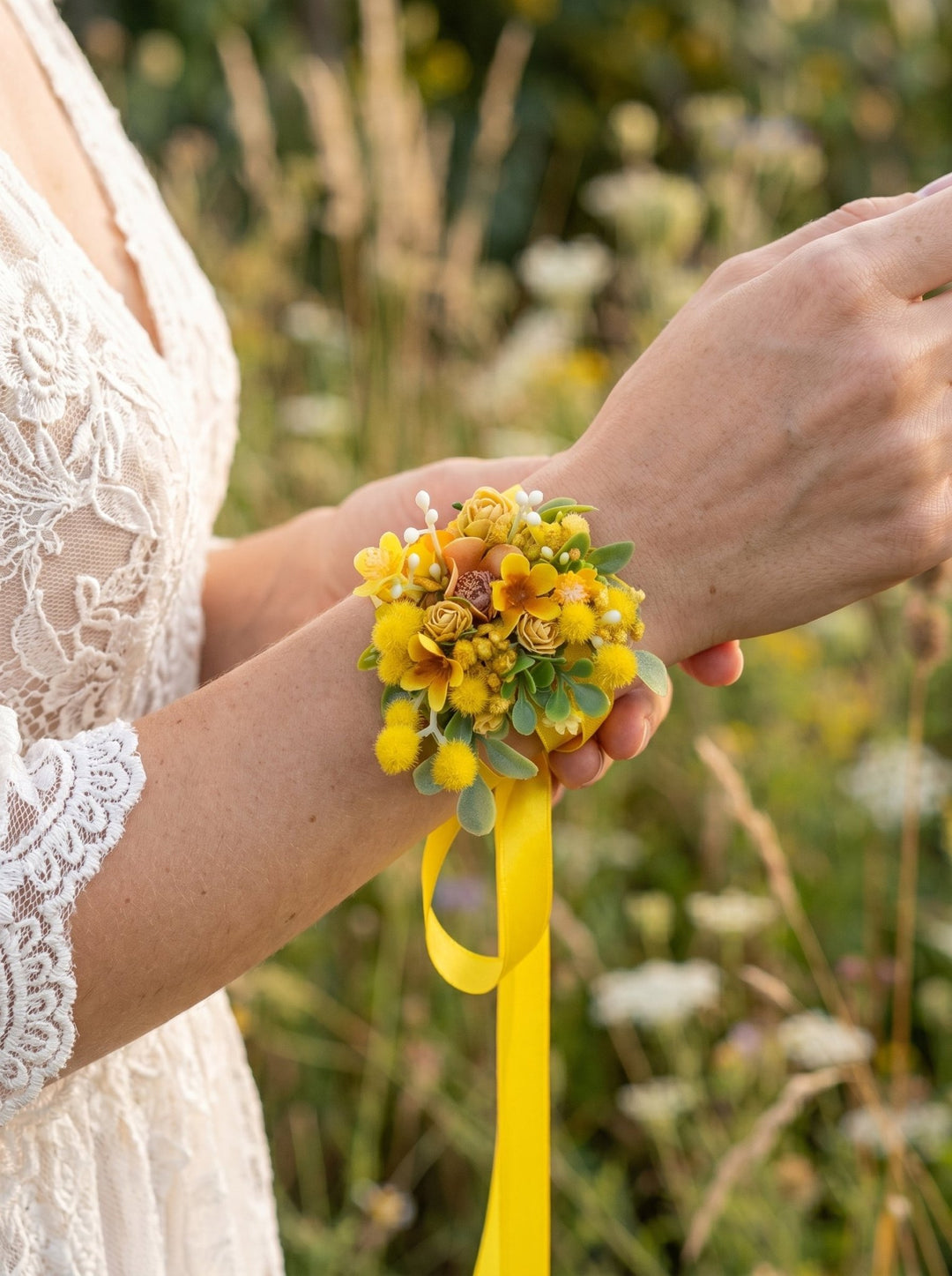 Yellow Mimosa Wrist Corsage – Handmade Wedding Bracelet with Satin Ribbon – handmade floral hair accessory by magaela