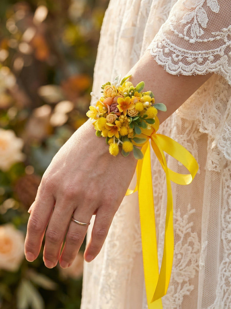 Yellow Mimosa Wrist Corsage – Handmade Wedding Bracelet