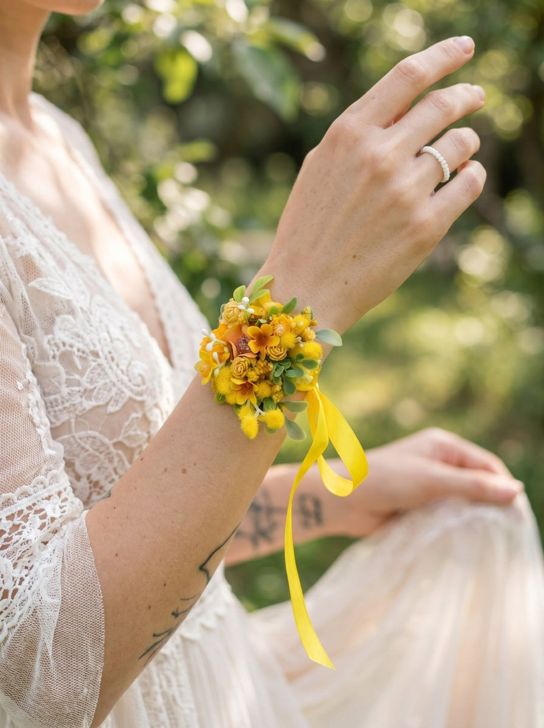 Yellow Mimosa Wrist Corsage – Handmade Wedding Bracelet with Satin Ribbon – handmade floral hair accessory by magaela