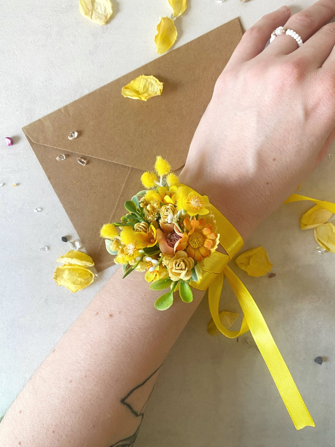 Yellow Mimosa Wrist Corsage – Handmade Wedding Bracelet with Satin Ribbon – handmade floral hair accessory by magaela