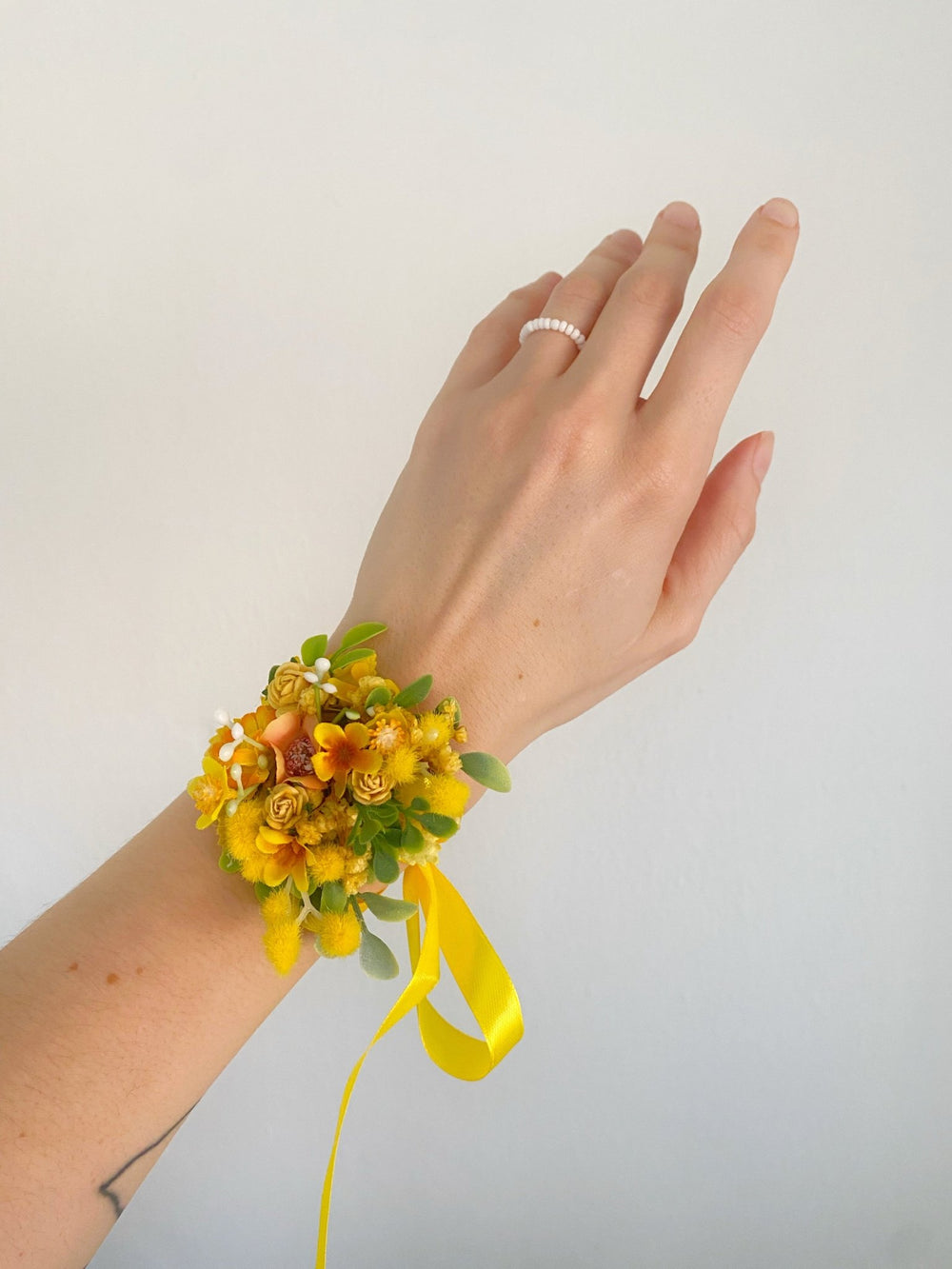 Yellow Mimosa Wrist Corsage – Handmade Wedding Bracelet with Satin Ribbon – handmade floral hair accessory by magaela