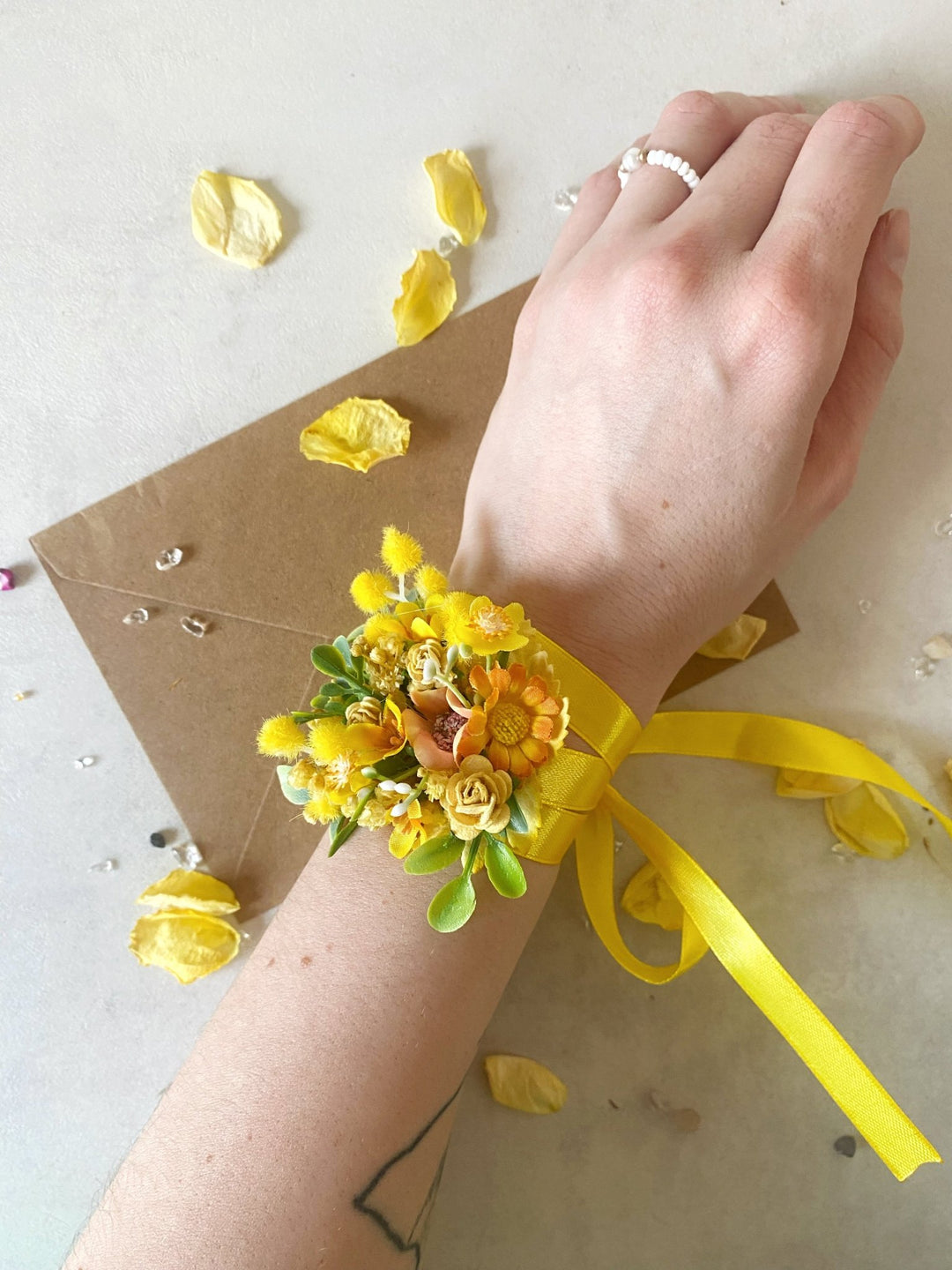 Yellow Mimosa Wrist Corsage – Handmade Wedding Bracelet with Satin Ribbon – handmade floral hair accessory by magaela