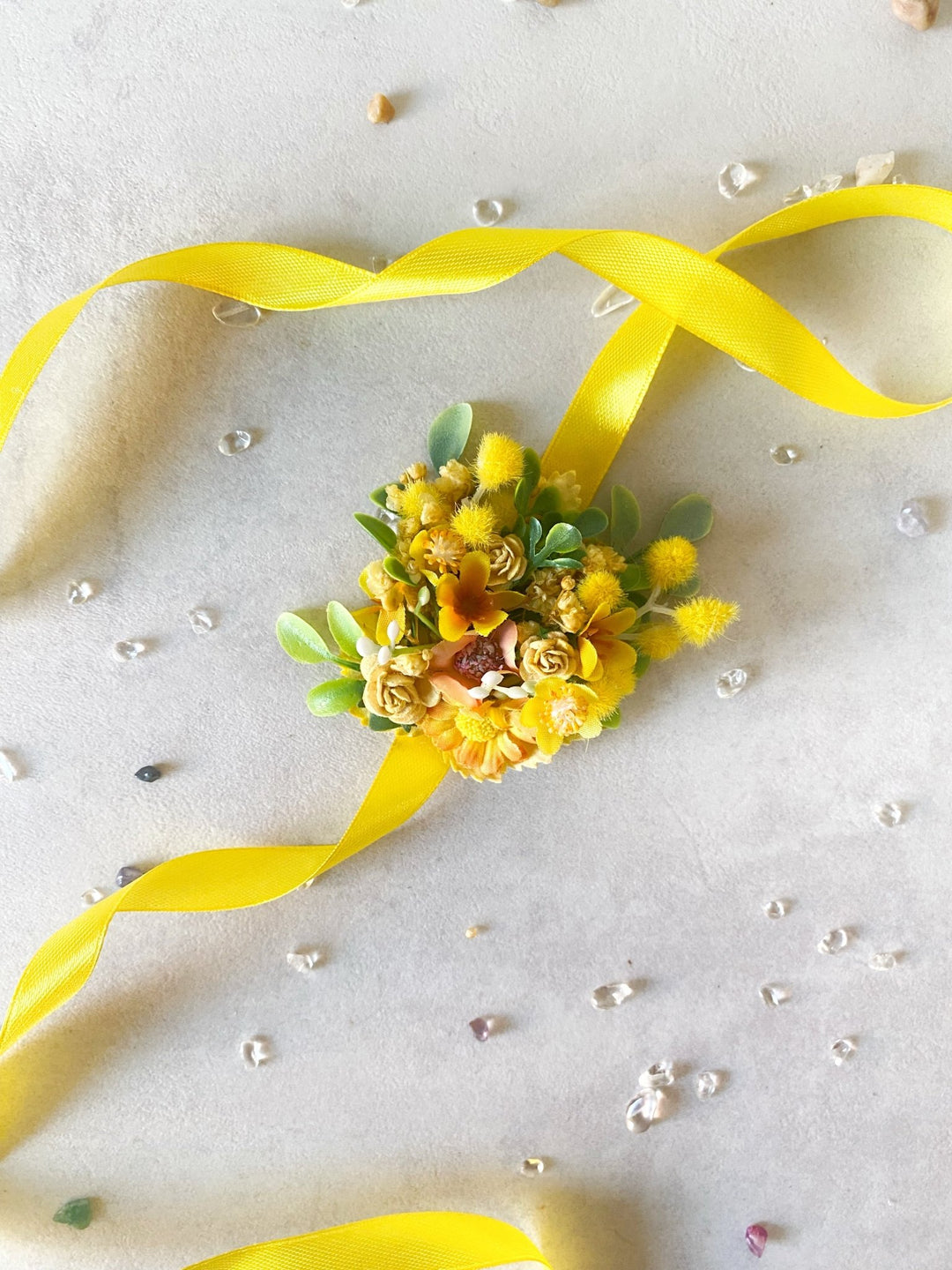 Yellow Mimosa Wrist Corsage – Handmade Wedding Bracelet with Satin Ribbon – handmade floral hair accessory by magaela