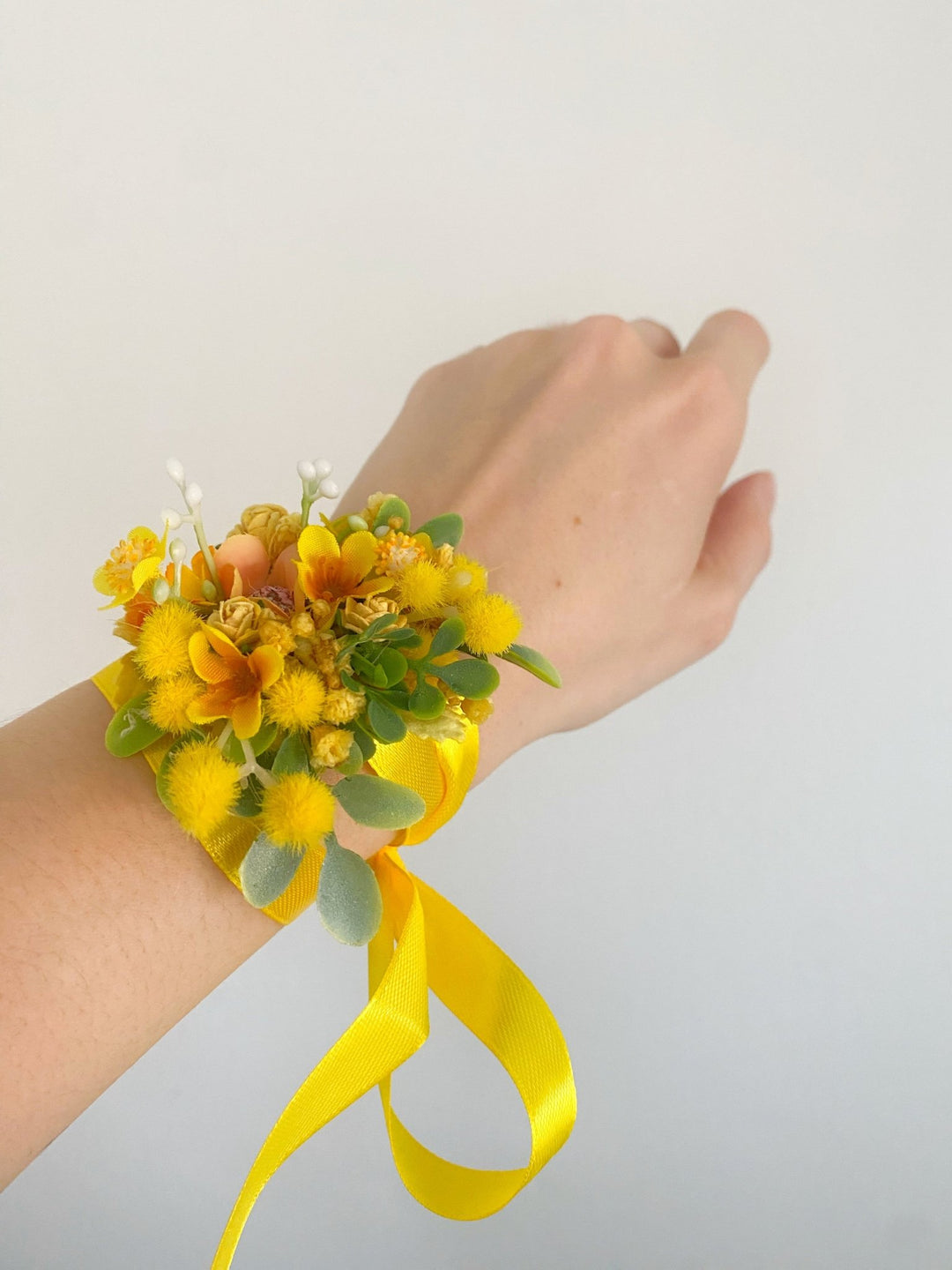 Yellow Mimosa Wrist Corsage – Handmade Wedding Bracelet with Satin Ribbon – handmade floral hair accessory by magaela