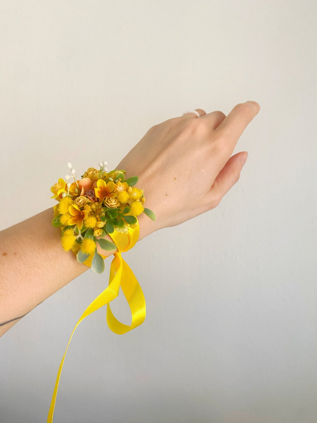 Yellow Mimosa Wrist Corsage – Handmade Wedding Bracelet with Satin Ribbon – handmade floral hair accessory by magaela