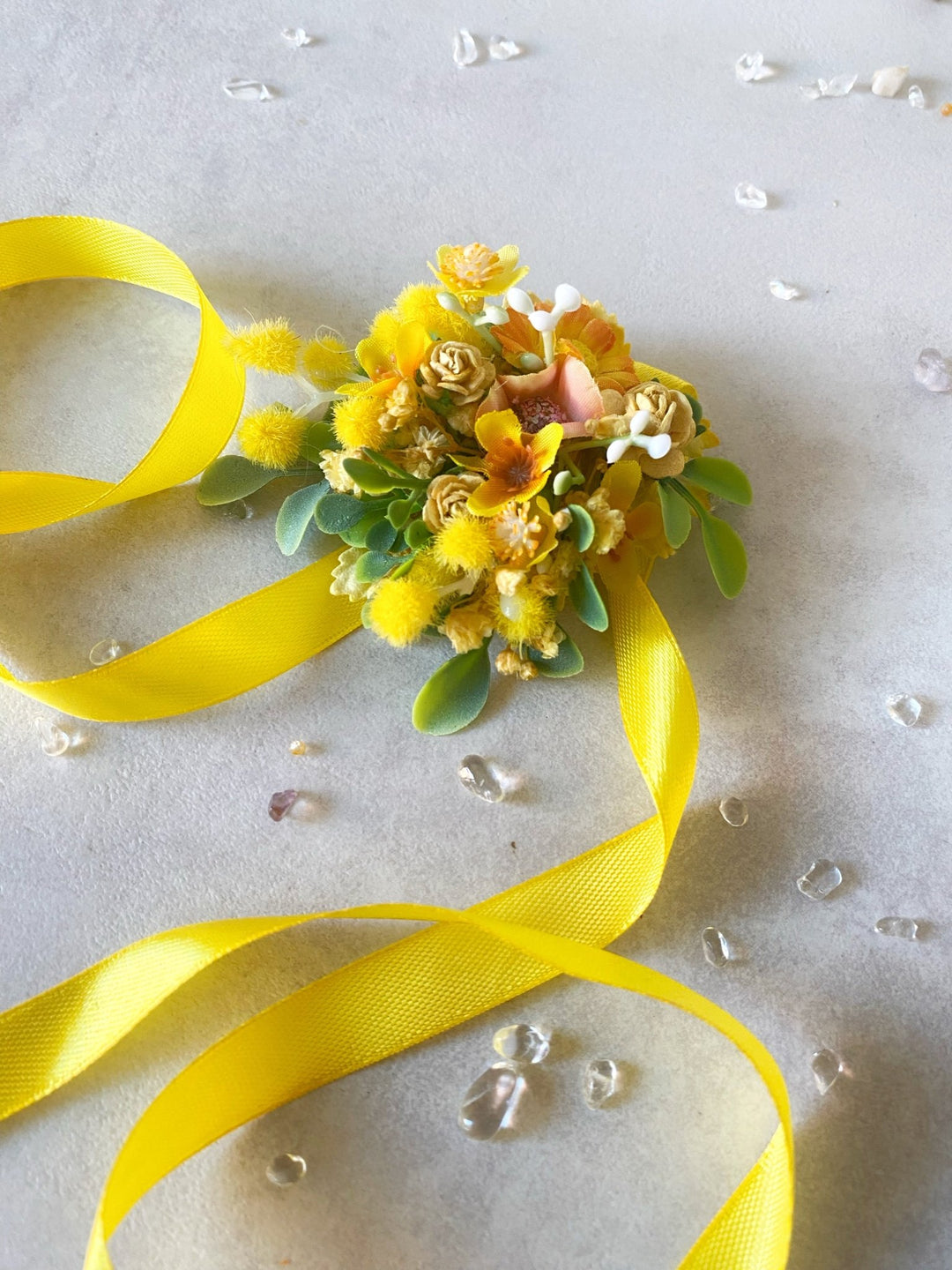 Yellow Mimosa Wrist Corsage – Handmade Wedding Bracelet with Satin Ribbon – handmade floral hair accessory by magaela