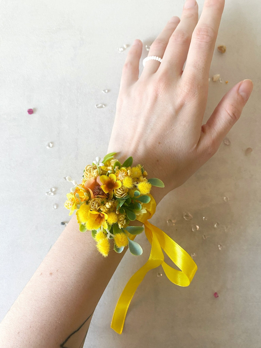 Yellow Mimosa Wrist Corsage – Handmade Wedding Bracelet with Satin Ribbon – handmade floral hair accessory by magaela