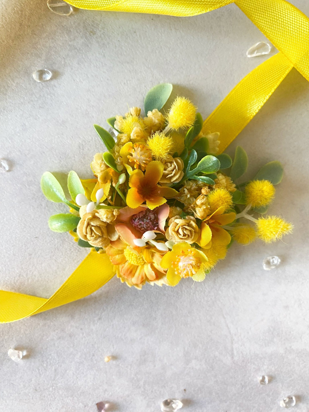 Yellow Mimosa Wrist Corsage – Handmade Wedding Bracelet with Satin Ribbon – handmade floral hair accessory by magaela