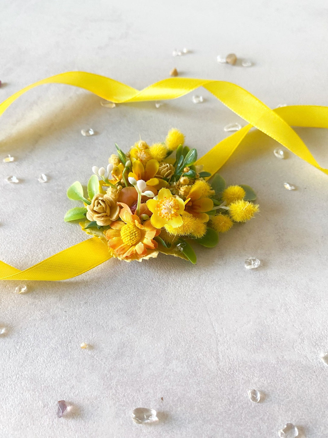 Yellow Mimosa Wrist Corsage – Handmade Wedding Bracelet with Satin Ribbon – handmade floral hair accessory by magaela