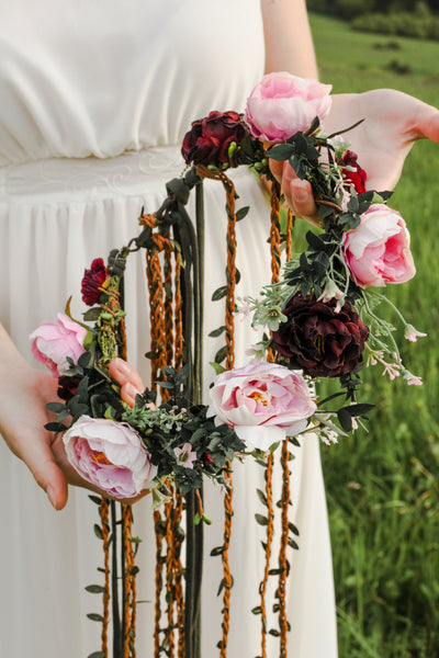 Boho flower hair wreath with braids Blush and burgundy hair crown with hanging vines Big boho wreath Romantic crown Peony Magaela