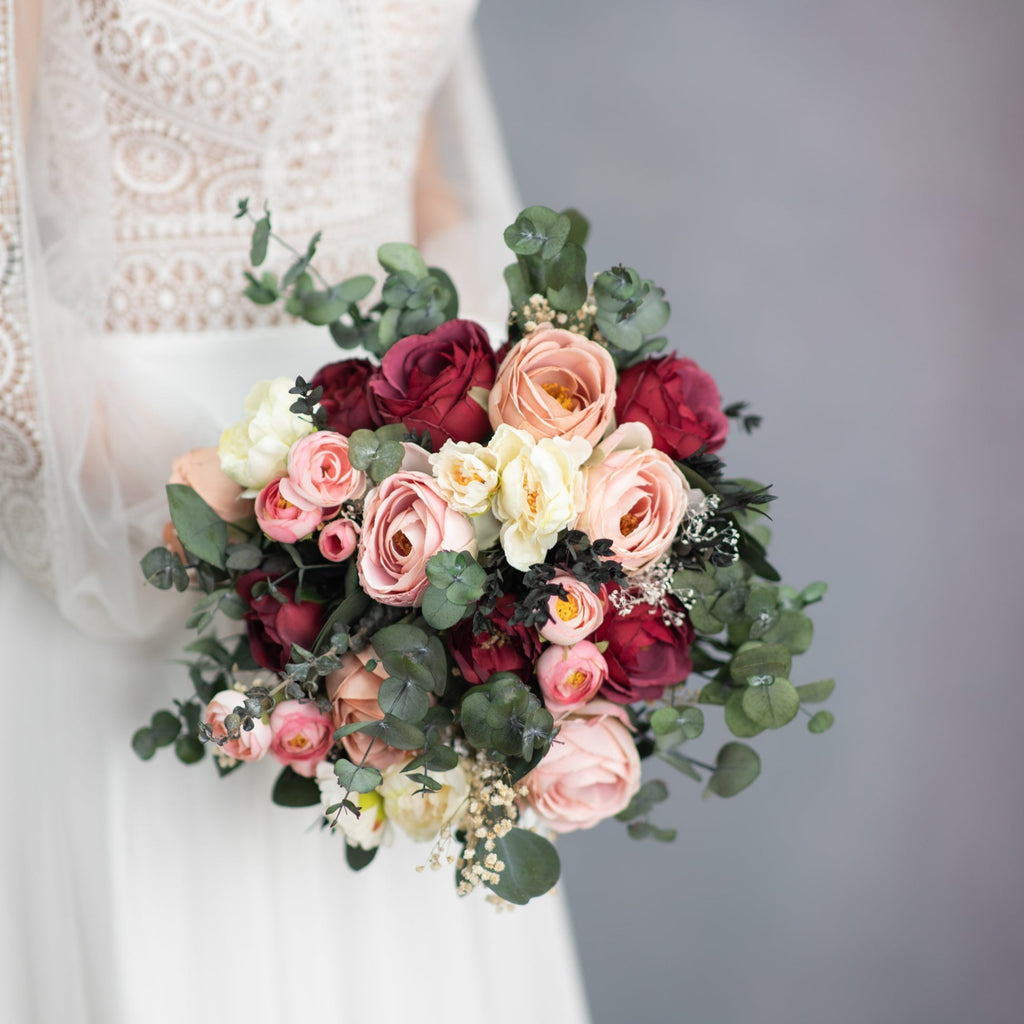 Burgundy and blush bridal bouquet with roses Romantic eucalyptus