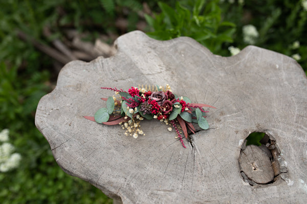 Burgundy wedding hair comb Bridal flower comb Magaela accessories Red wine flower jewellery Dark red roses Eucalyptus and Baby's breath comb