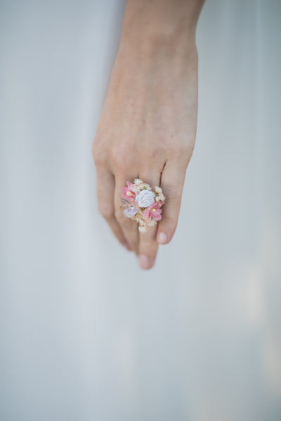 Romantic wrist corsage, Pink wedding jewellery, Flower wedding ring, Bridesmaid bracelets, Magaela, Bridal flower bracelet, Flower ring